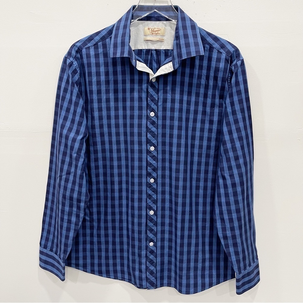 Penguin Slim Fit Button Down Cotton Long Sleeve Shirt Blue Plaid Check 16 1/2